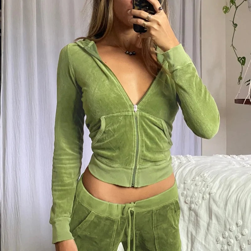 Velvet Zip Up Crop Hoodie