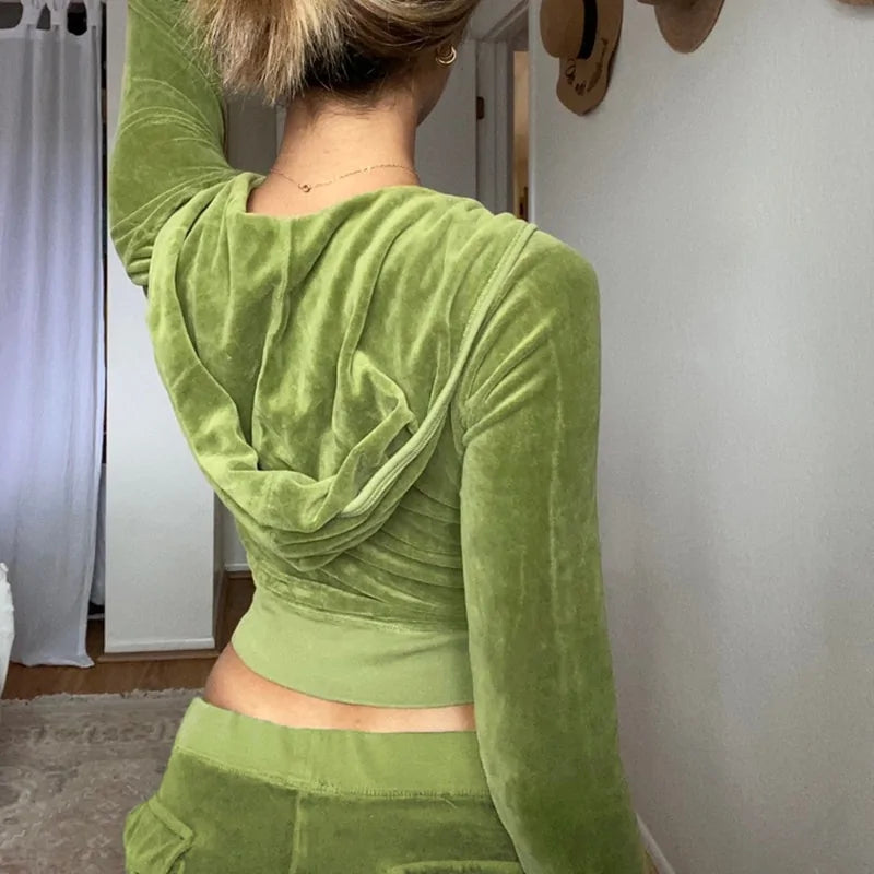 Velvet Zip Up Crop Hoodie