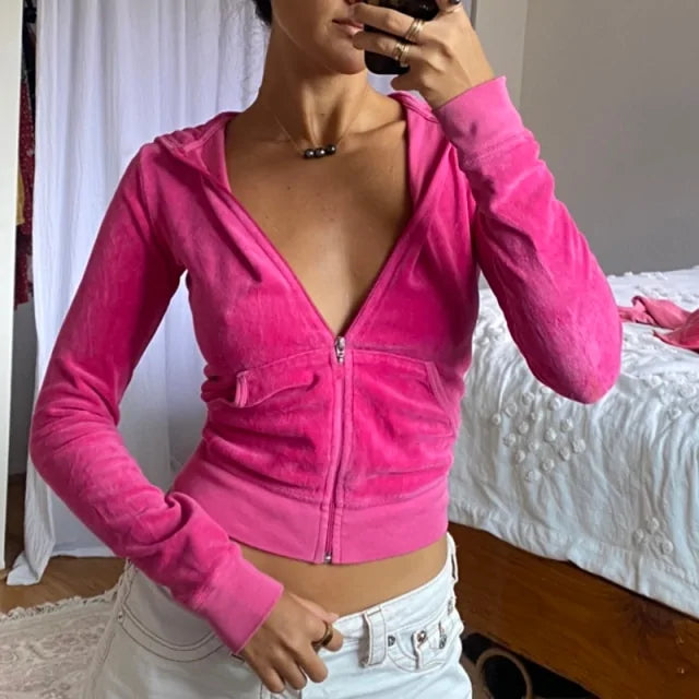 Velvet Zip Up Crop Hoodie